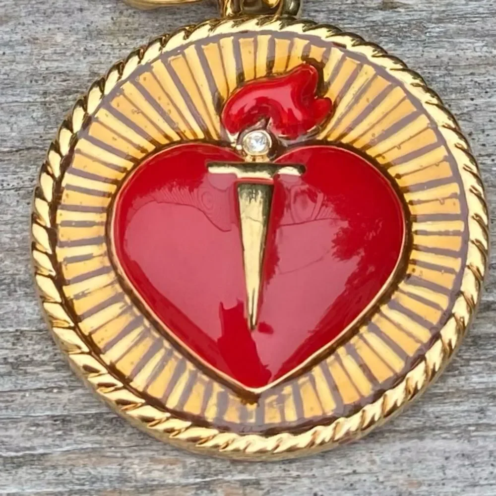 St. John Knits Gold & Red Logo Heart Key Chain/Bag Charm. New Designer Luxury